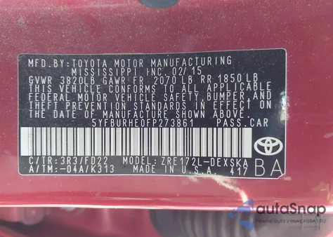 2015 Toyota Corolla S Plus z USA, uszkodzony, nr VIN 5YFBURHE0FP273861